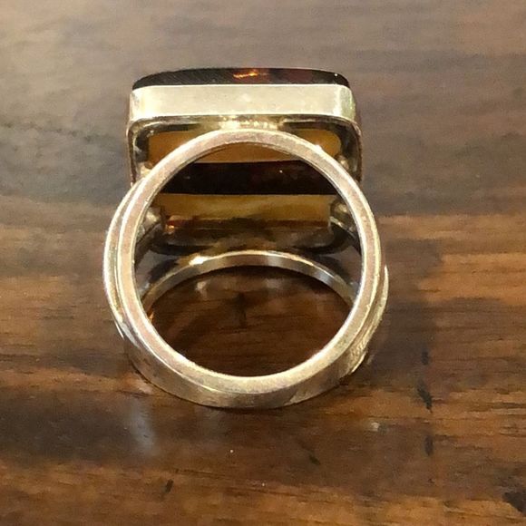 ARTISAN Sterling Silver Striped Bezel Set Maple & Honey Colored Amber Ring Sz 7 - Picture 4 of 10